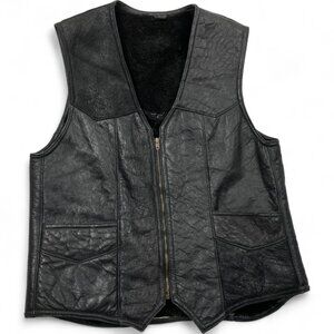 Black Shearling Sheepskin Leather Wool Biker Aviator Vest Jacket Men's 52 XL